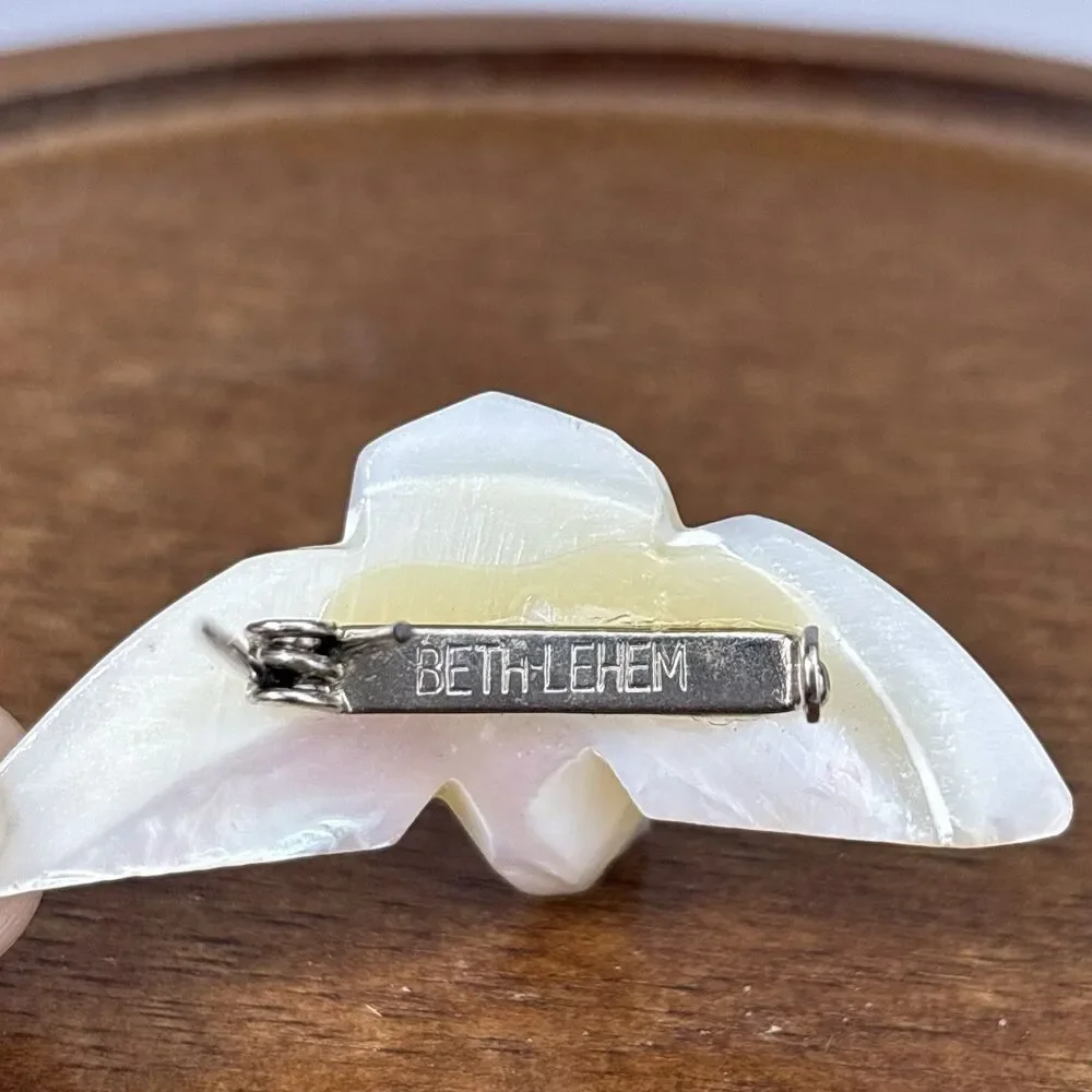 Vintage Signed Bethlehem Carved Mother of Pearl Dove Peace Bird Brooch 1950's